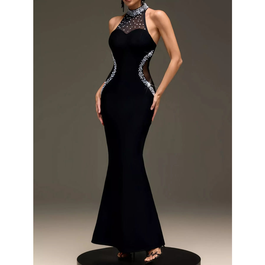 Pearl Detail Rhinestone Sleeveless Maxi Dress Apparel and Accessories