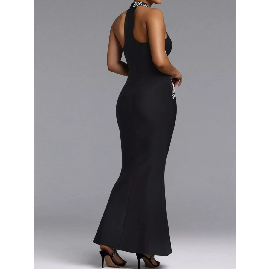 Pearl Detail Rhinestone Sleeveless Maxi Dress Apparel and Accessories