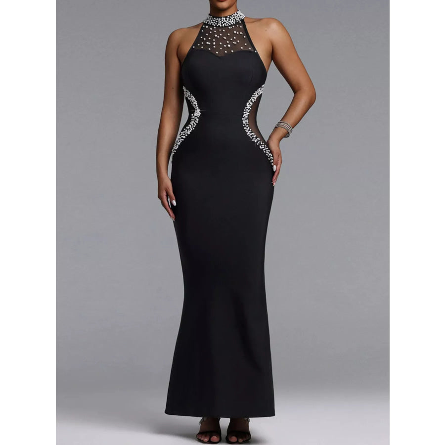 Pearl Detail Rhinestone Sleeveless Maxi Dress Black / S Apparel and Accessories