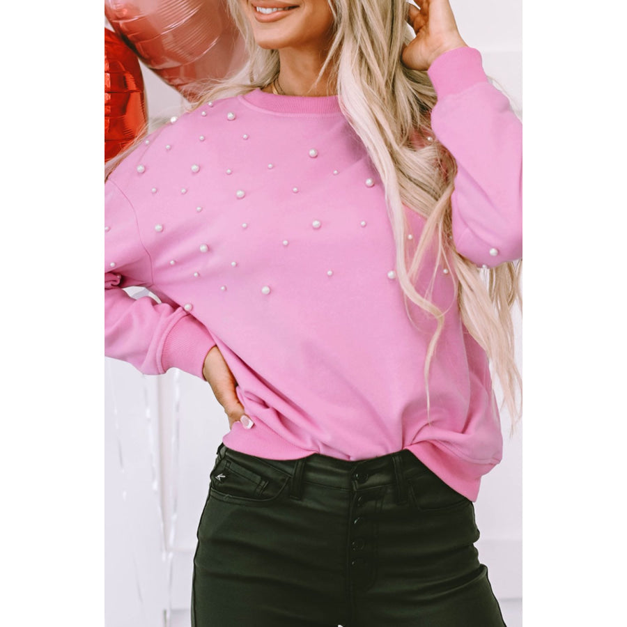 Pearl Detail Ribbed Round Neck Sweatshirt Apparel and Accessories