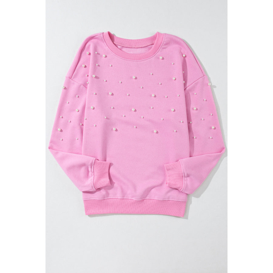 Pearl Detail Ribbed Round Neck Sweatshirt Apparel and Accessories