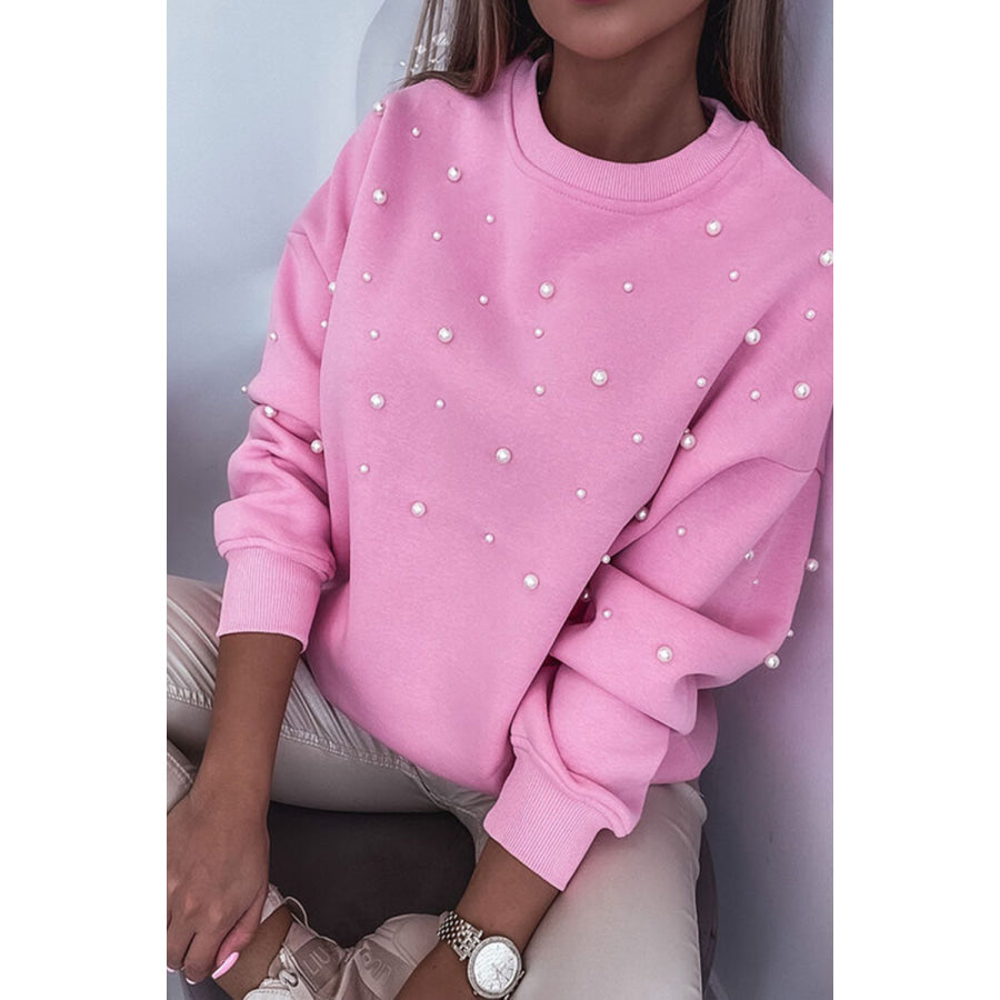 Pearl Detail Ribbed Round Neck Sweatshirt Pink / S Apparel and Accessories