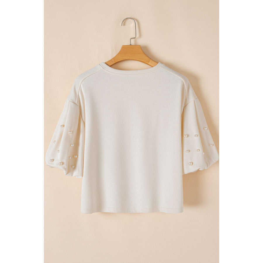 Pearl Detail Round Neck Half Sleeve Blouse Apparel and Accessories