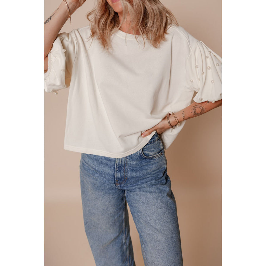 Pearl Detail Round Neck Half Sleeve Blouse Apparel and Accessories