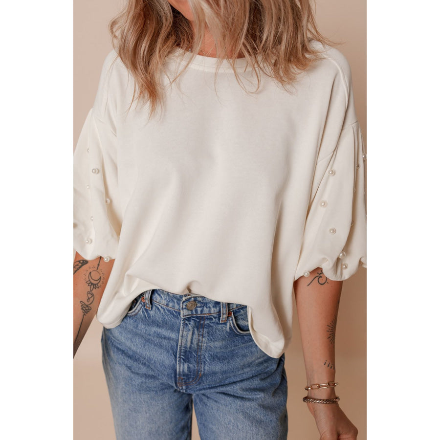 Pearl Detail Round Neck Half Sleeve Blouse Apparel and Accessories