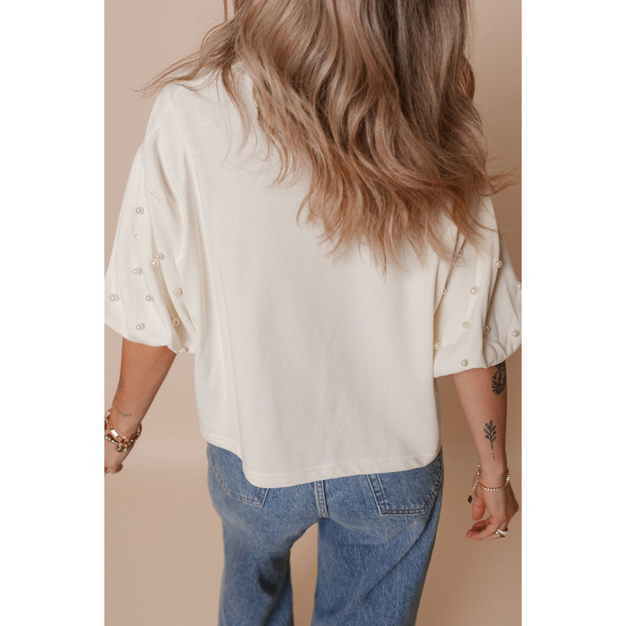 Pearl Detail Round Neck Half Sleeve Blouse Apparel and Accessories