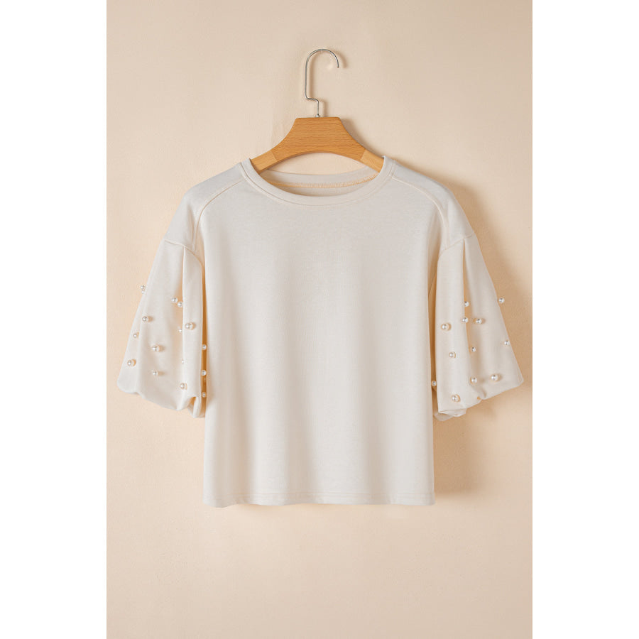 Pearl Detail Round Neck Half Sleeve Blouse Apparel and Accessories