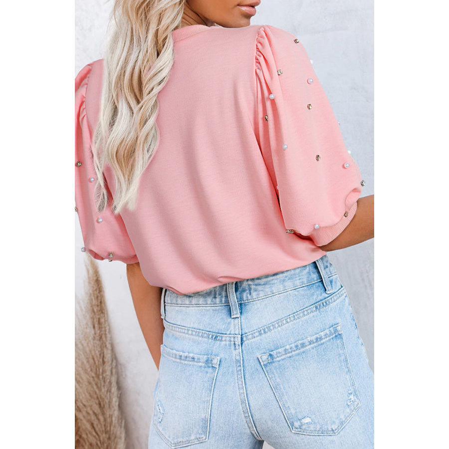 Pearl Detail Round Neck Half Sleeve Blouse Blush Pink / S Apparel and Accessories