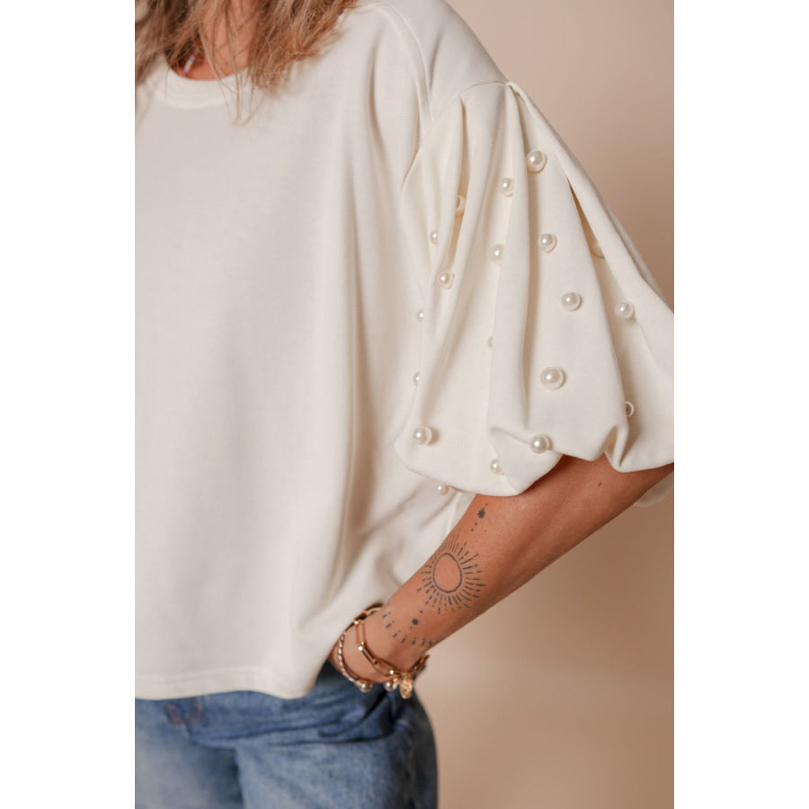 Pearl Detail Round Neck Half Sleeve Blouse Apparel and Accessories