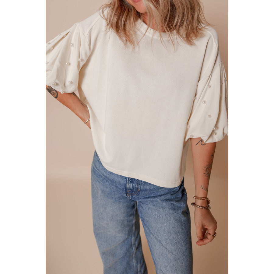 Pearl Detail Round Neck Half Sleeve Blouse Apparel and Accessories