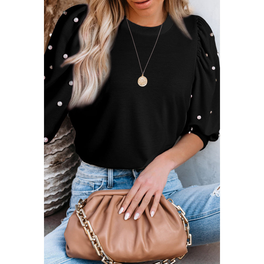 Pearl Detail Round Neck Half Sleeve Blouse Black / S Apparel and Accessories