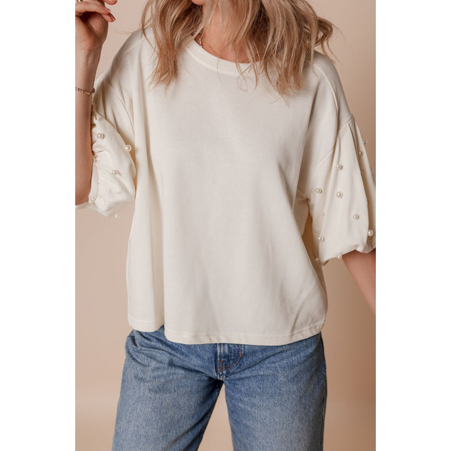 Pearl Detail Round Neck Half Sleeve Blouse White / S Apparel and Accessories