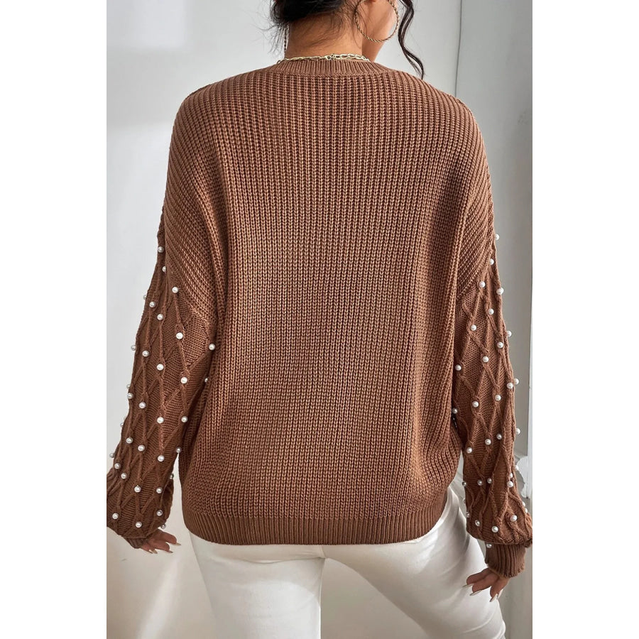 Pearl Detail Round Neck Long Sleeve Sweater Apparel and Accessories