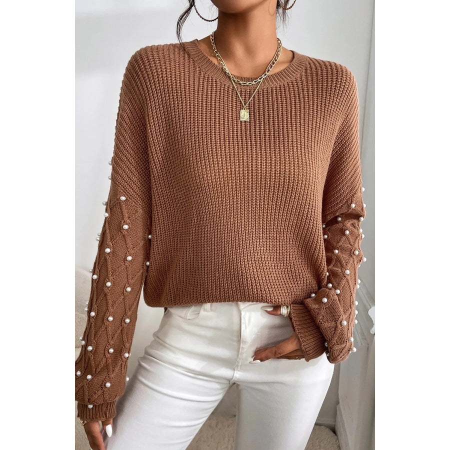 Pearl Detail Round Neck Long Sleeve Sweater Apparel and Accessories