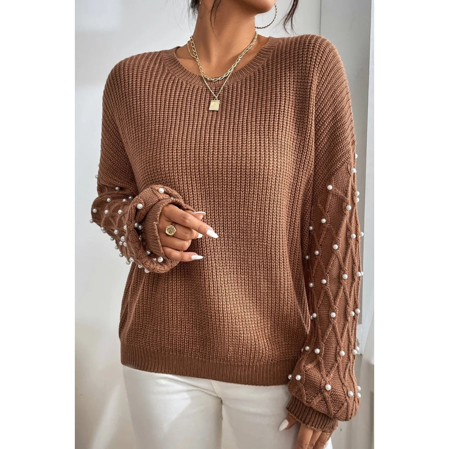 Pearl Detail Round Neck Long Sleeve Sweater Apparel and Accessories