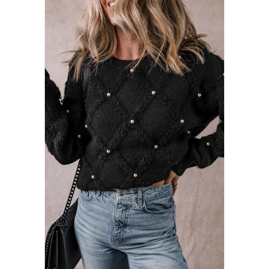 Pearl Detail Round Neck Long Sleeve Sweater Apparel and Accessories