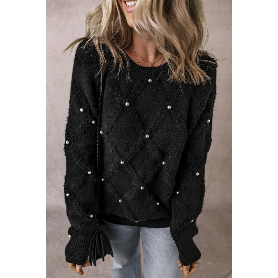 Pearl Detail Round Neck Long Sleeve Sweater Apparel and Accessories