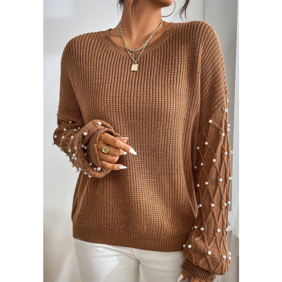 Pearl Detail Round Neck Long Sleeve Sweater Apparel and Accessories