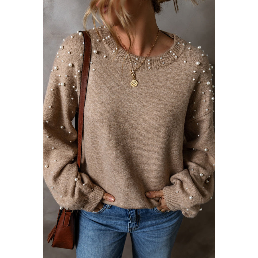 Pearl Detail Round Neck Long Sleeve Sweater Apparel and Accessories