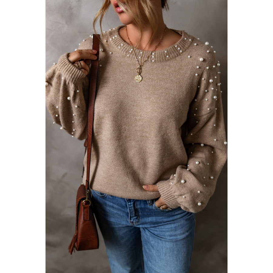 Pearl Detail Round Neck Long Sleeve Sweater Apparel and Accessories