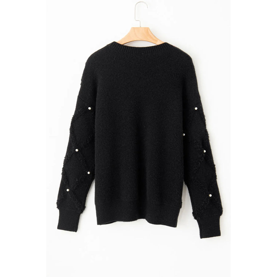 Pearl Detail Round Neck Long Sleeve Sweater Apparel and Accessories