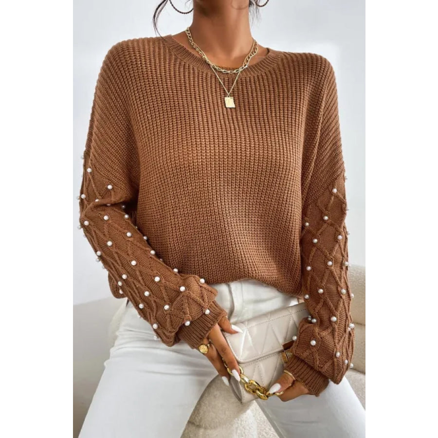 Pearl Detail Round Neck Long Sleeve Sweater Apparel and Accessories