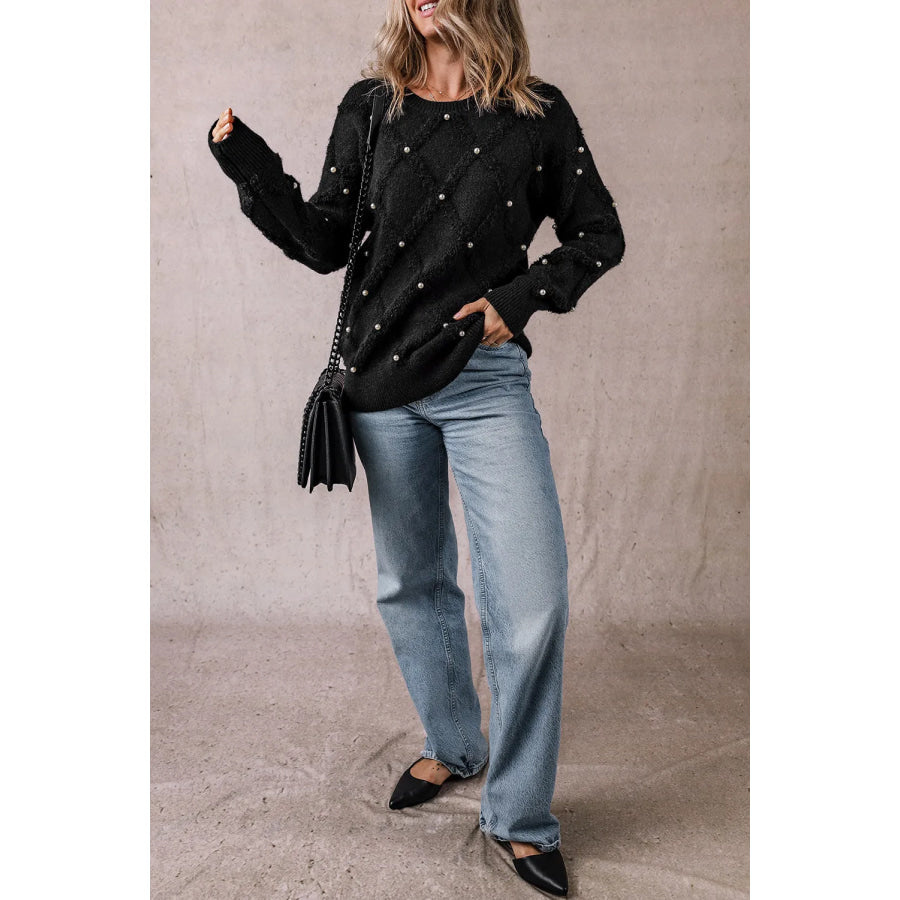 Pearl Detail Round Neck Long Sleeve Sweater Apparel and Accessories