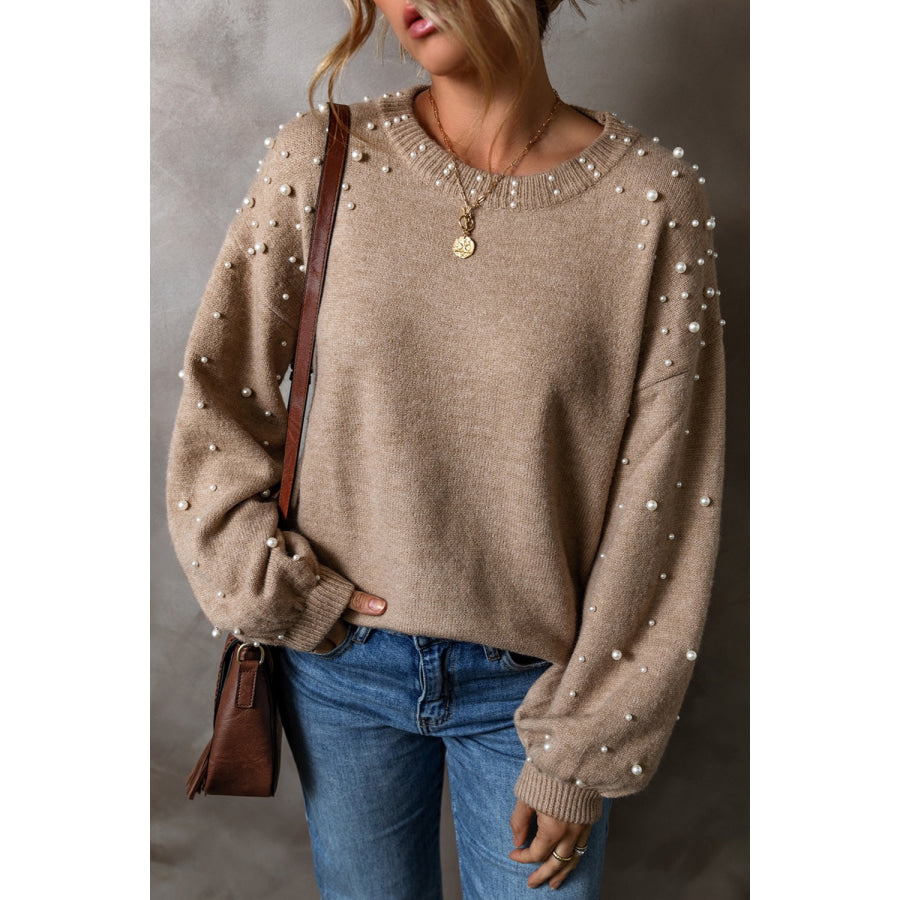 Pearl Detail Round Neck Long Sleeve Sweater Apparel and Accessories