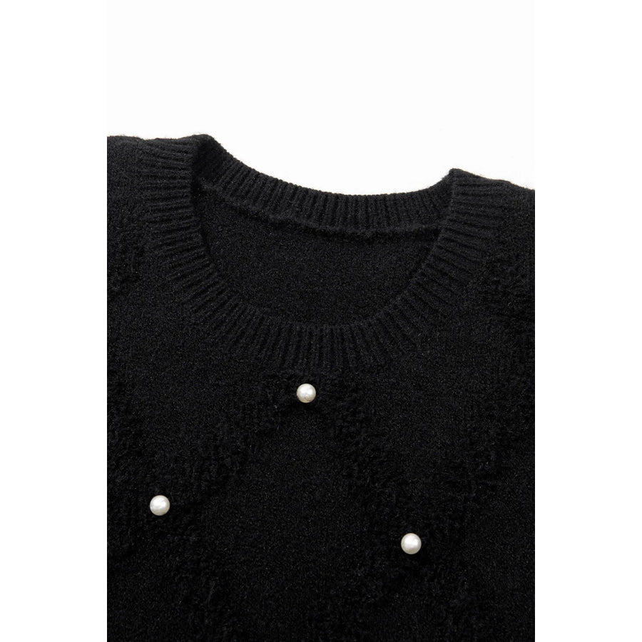 Pearl Detail Round Neck Long Sleeve Sweater Apparel and Accessories