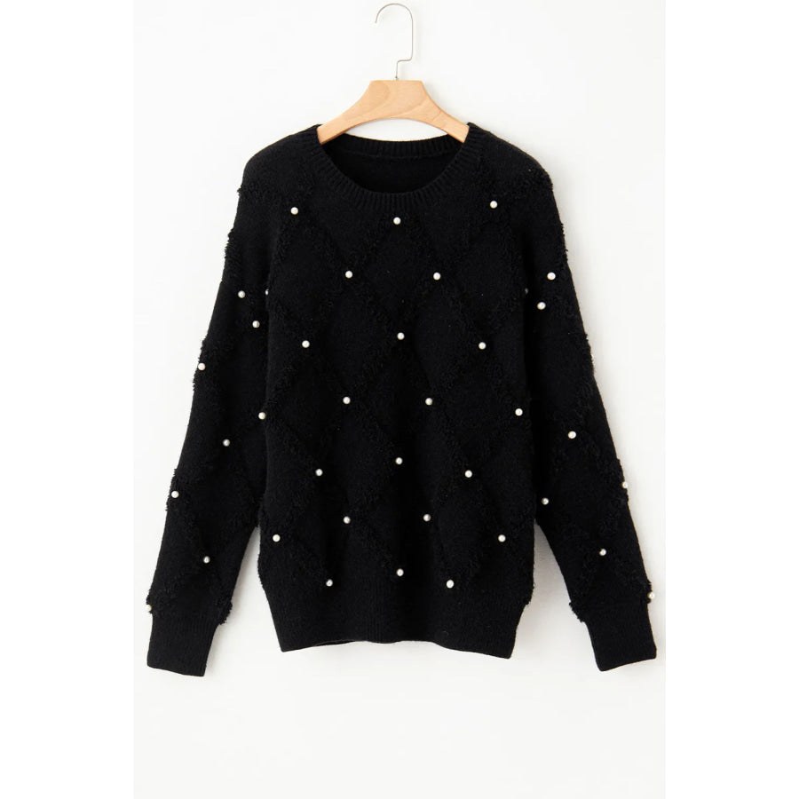 Pearl Detail Round Neck Long Sleeve Sweater Apparel and Accessories