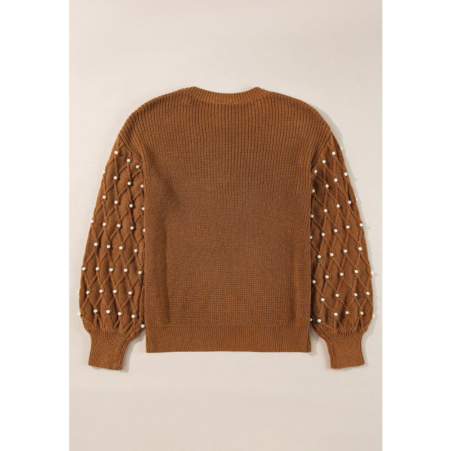 Pearl Detail Round Neck Long Sleeve Sweater Apparel and Accessories