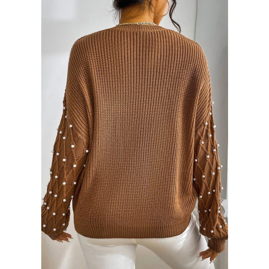 Pearl Detail Round Neck Long Sleeve Sweater Apparel and Accessories