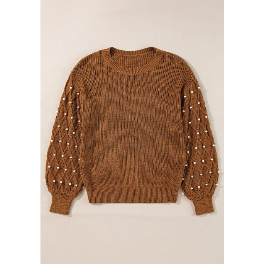 Pearl Detail Round Neck Long Sleeve Sweater Apparel and Accessories