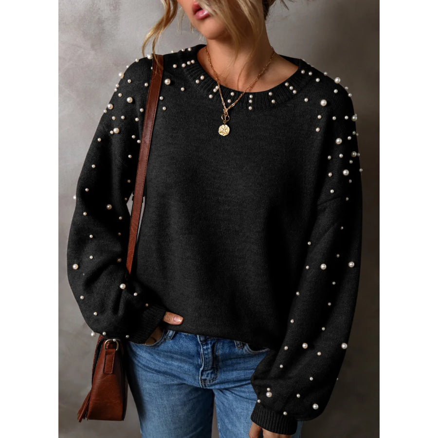 Pearl Detail Round Neck Long Sleeve Sweater Black / M Apparel and Accessories