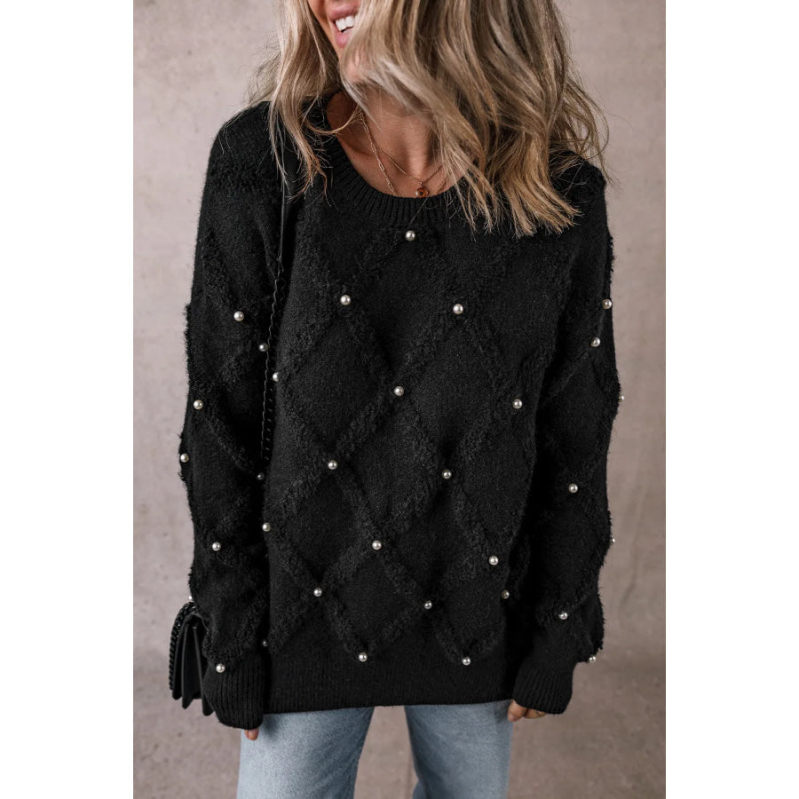 Pearl Detail Round Neck Long Sleeve Sweater Black / S Apparel and Accessories