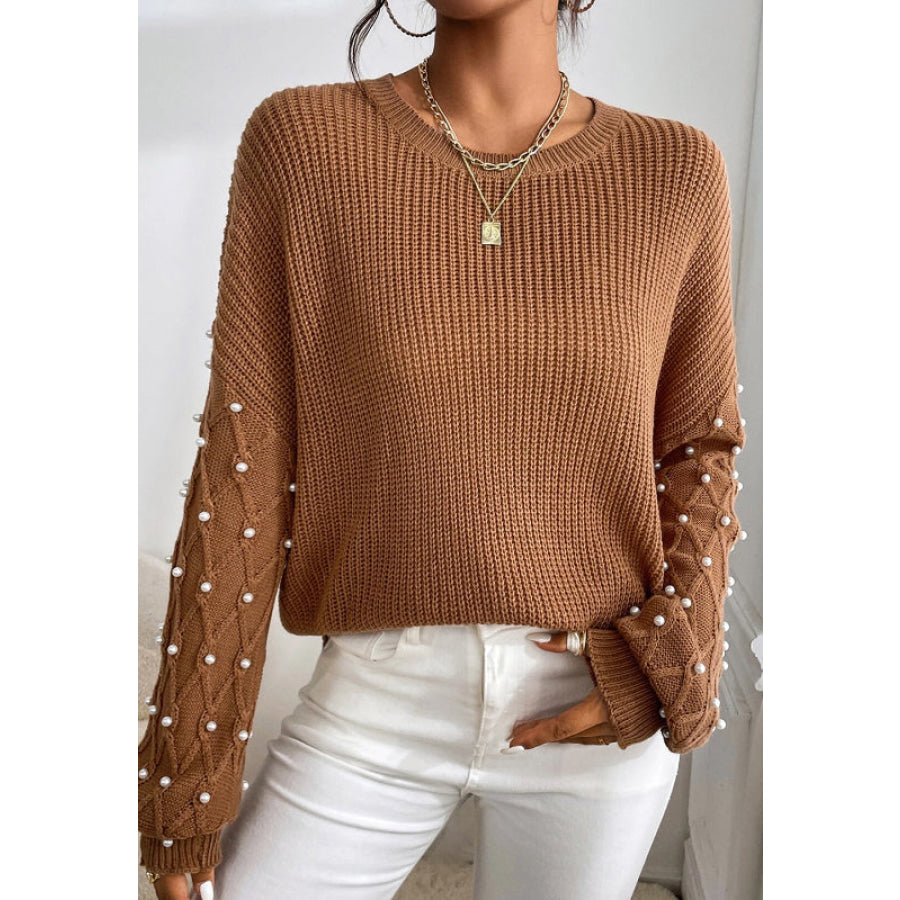 Pearl Detail Round Neck Long Sleeve Sweater Camel / S Apparel and Accessories