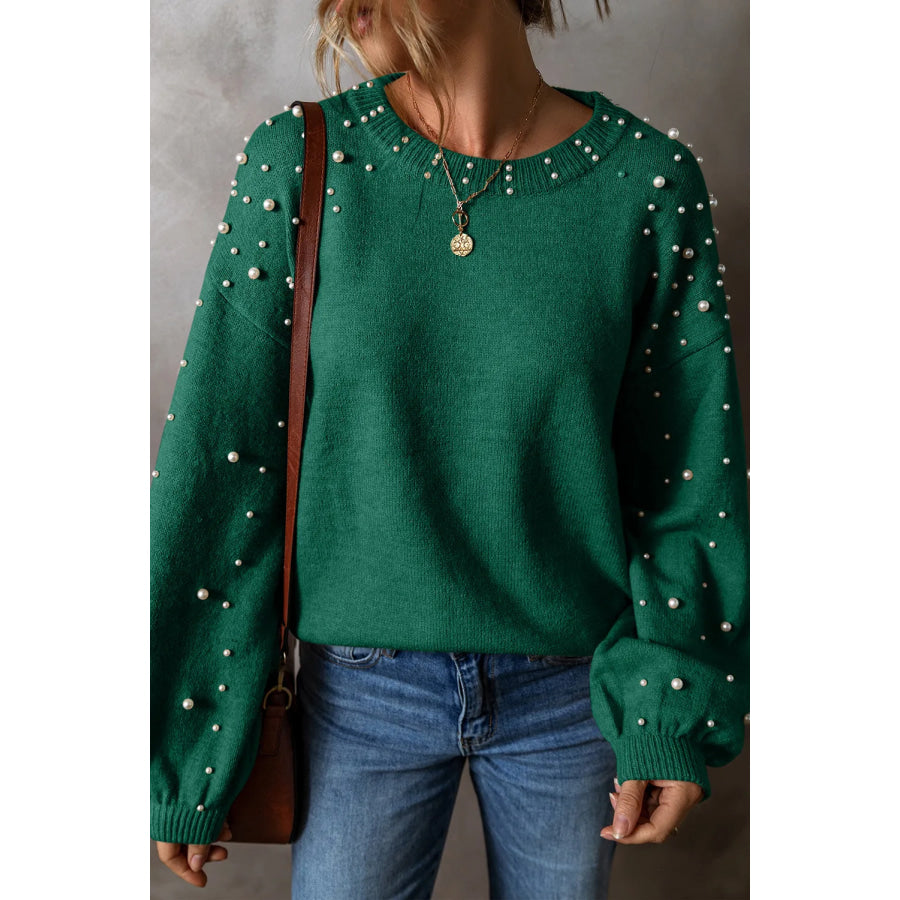 Pearl Detail Round Neck Long Sleeve Sweater Dark Green / M Apparel and Accessories