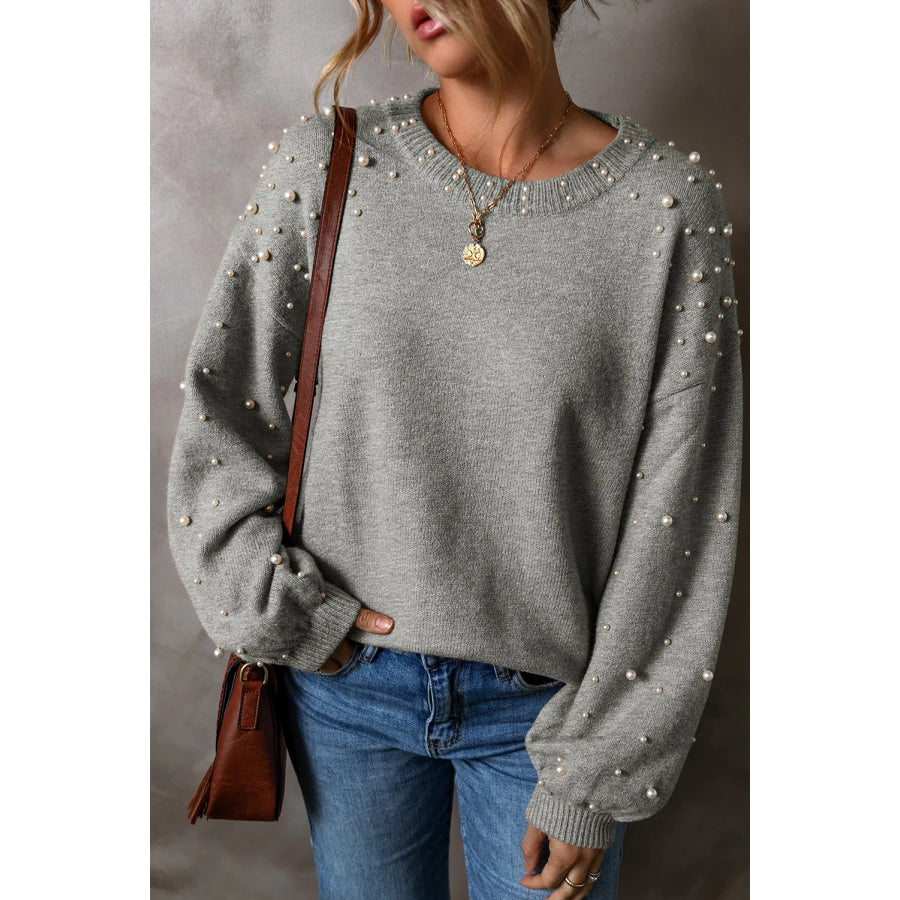 Pearl Detail Round Neck Long Sleeve Sweater Gray / M Apparel and Accessories