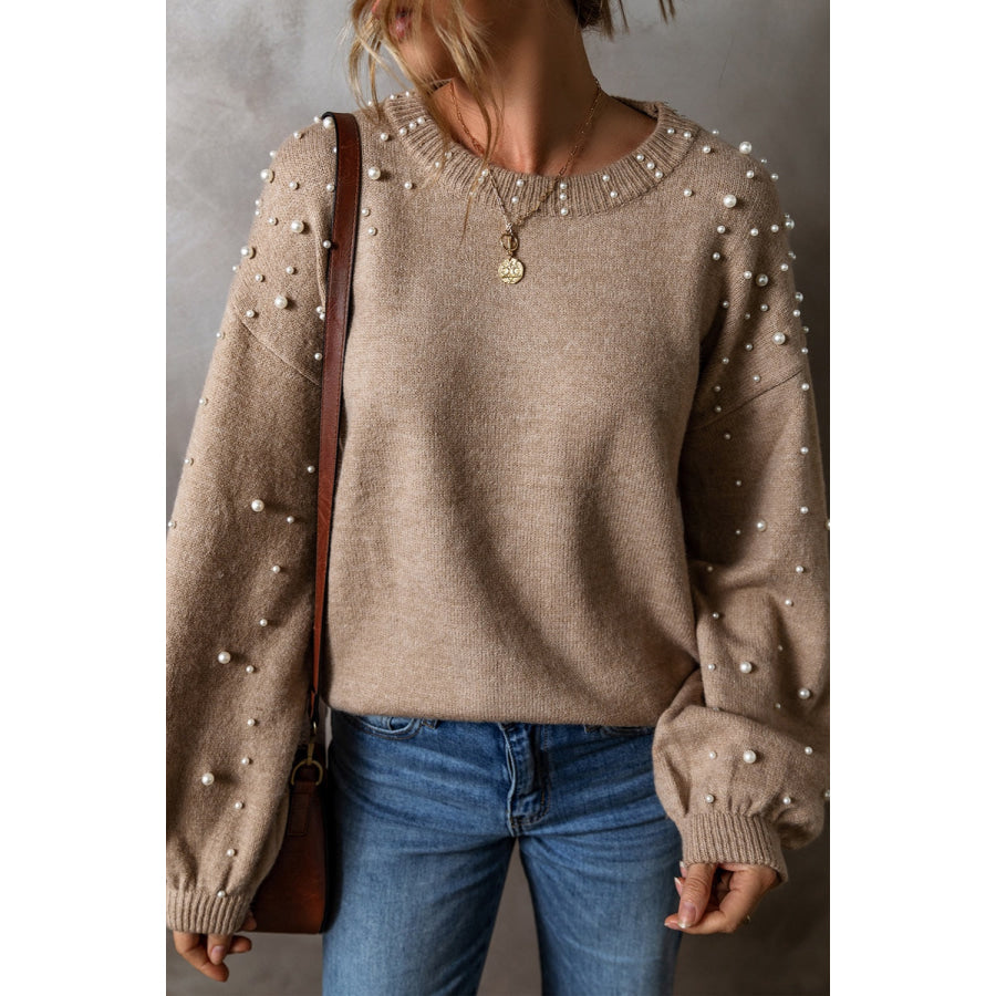 Pearl Detail Round Neck Long Sleeve Sweater Mocha / S Apparel and Accessories