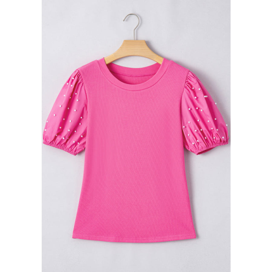 Pearl Detail Round Neck Puff Sleeve Blouse Apparel and Accessories