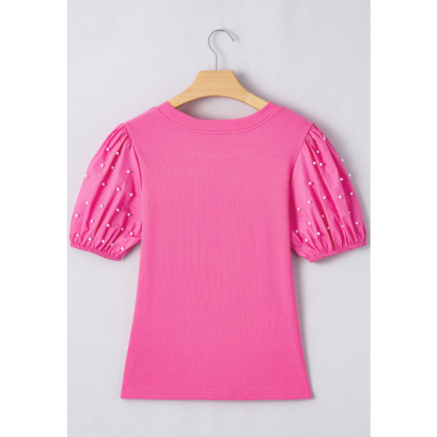 Pearl Detail Round Neck Puff Sleeve Blouse Apparel and Accessories