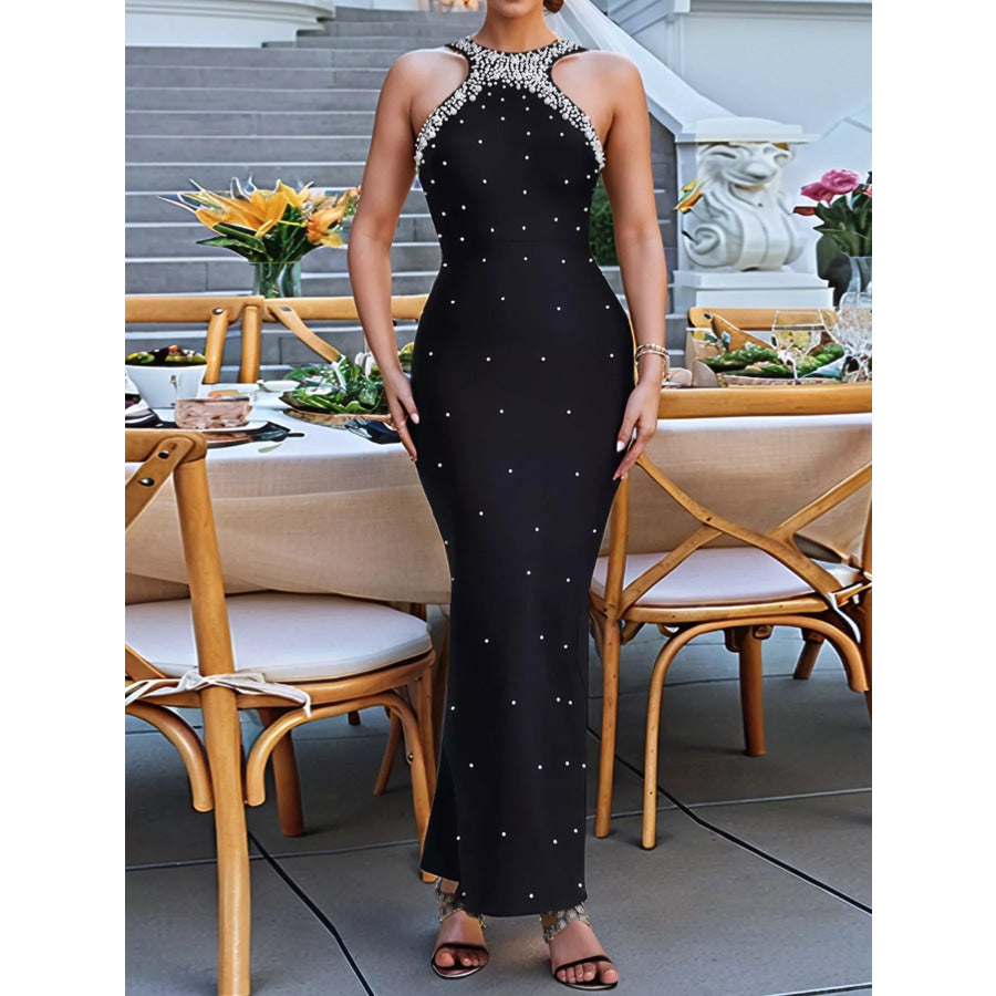 Pearl Detail Sleeveless Maxi Dress Apparel and Accessories