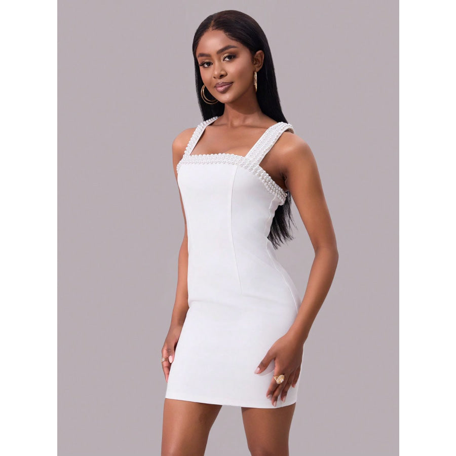 Pearl Detail Square Neck Wide Strap Mini Dress Apparel and Accessories