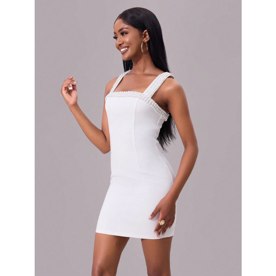 Pearl Detail Square Neck Wide Strap Mini Dress Apparel and Accessories