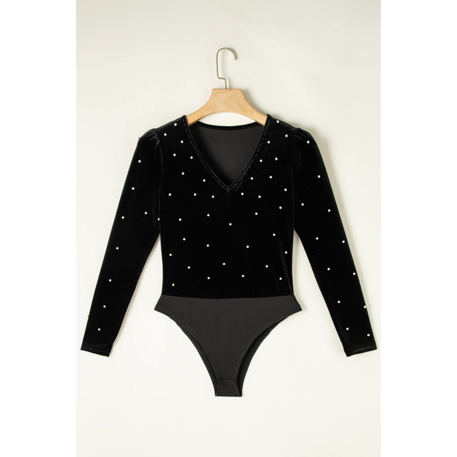 Pearl Detail Velvet V-Neck Long Sleeve Bodysuit Apparel and Accessories