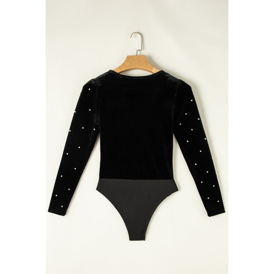 Pearl Detail Velvet V-Neck Long Sleeve Bodysuit Apparel and Accessories