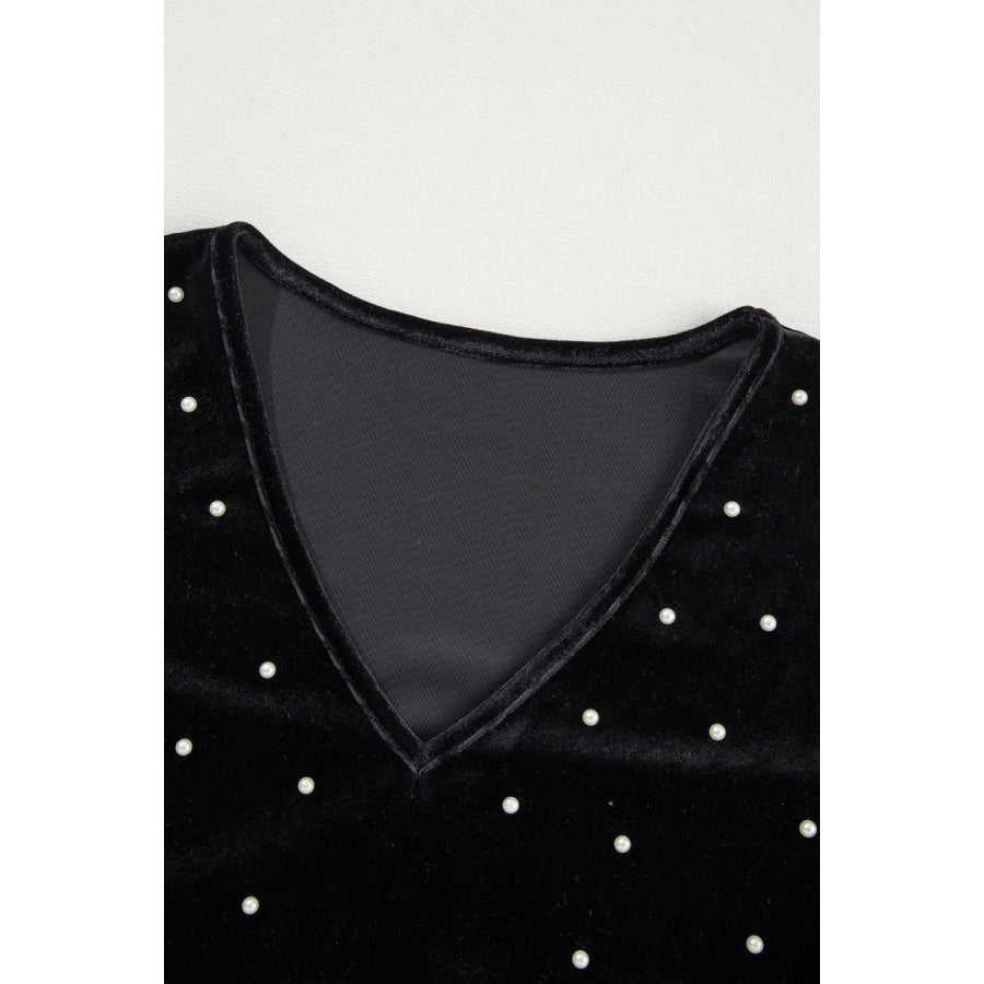 Pearl Detail Velvet V-Neck Long Sleeve Bodysuit Apparel and Accessories