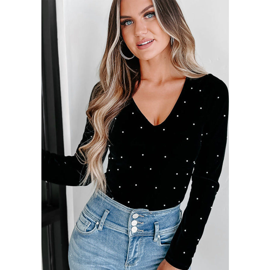 Pearl Detail Velvet V-Neck Long Sleeve Bodysuit Apparel and Accessories