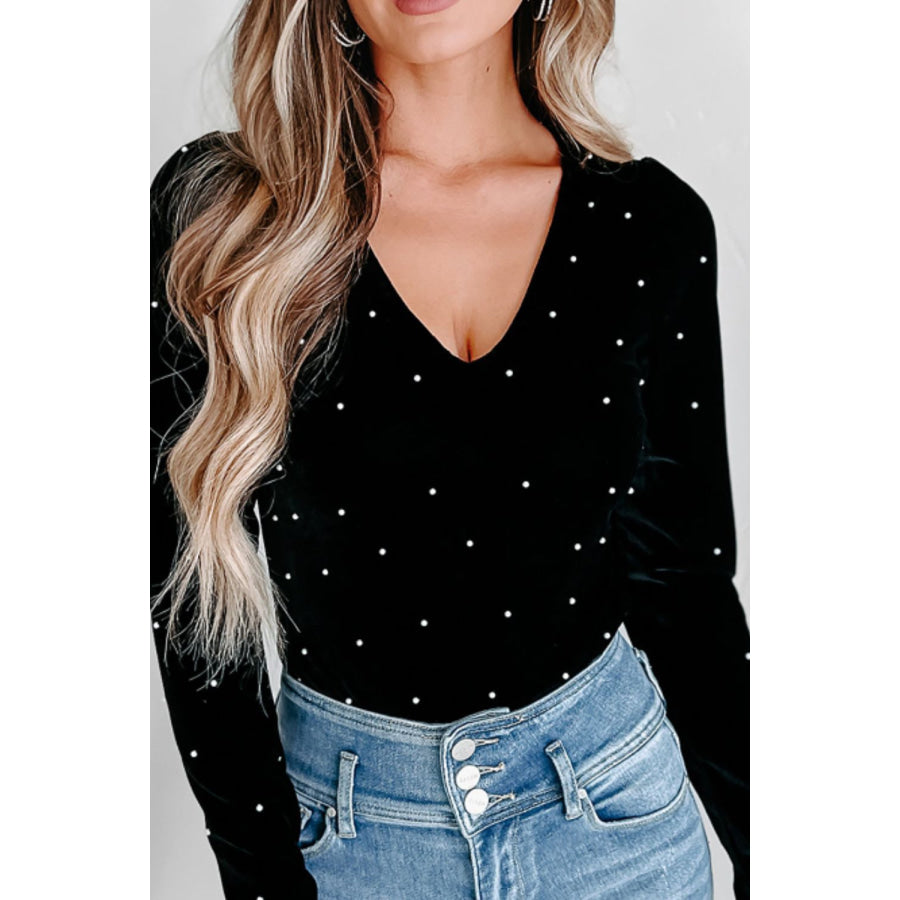 Pearl Detail Velvet V-Neck Long Sleeve Bodysuit Black / S Apparel and Accessories