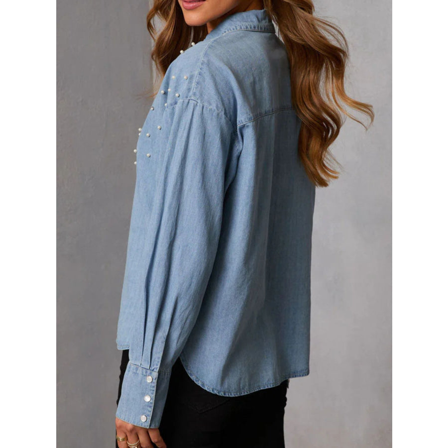 Pearl Embellished Button Up Denim Shirt Apparel and Accessories